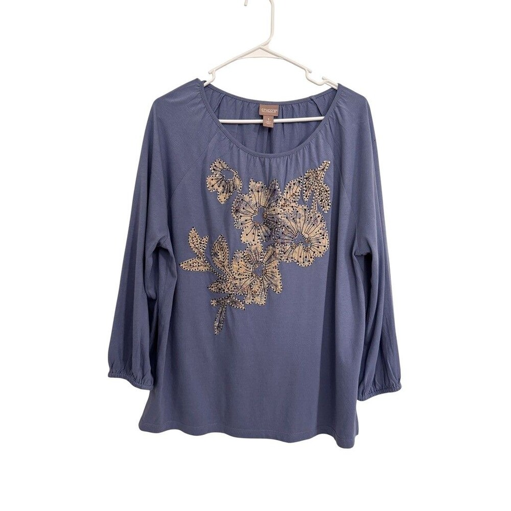 Chicos Size M 8-10 Custy Blue Gold Foiled Floral Relaxed Fit Pullover Top